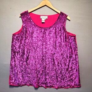 VTG Diane Gilman 100% Silk Pink Sequined Tank Top Womens Large Glam Party 90s